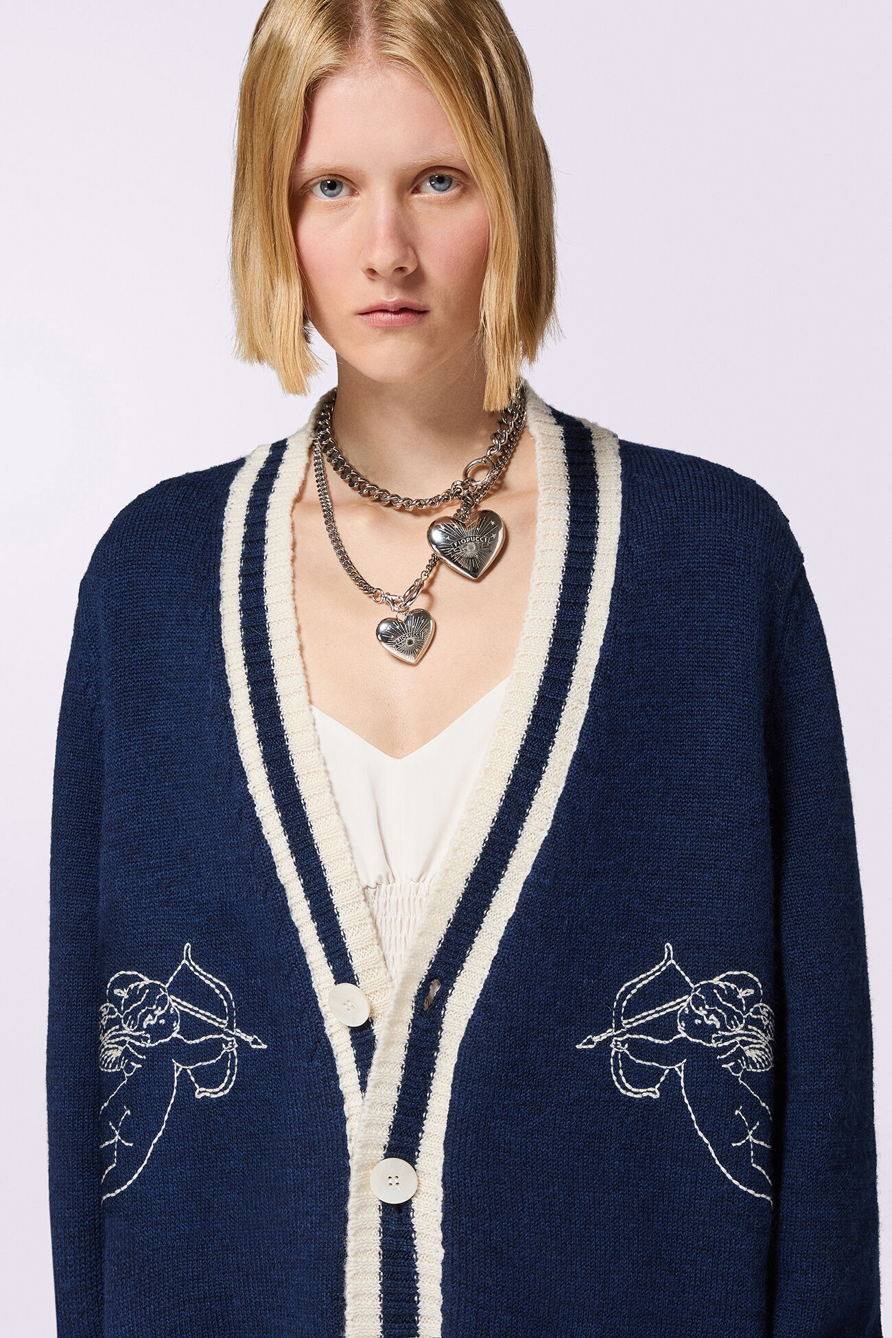 Double Cupid Embroidered Wool Cardigan Navy
